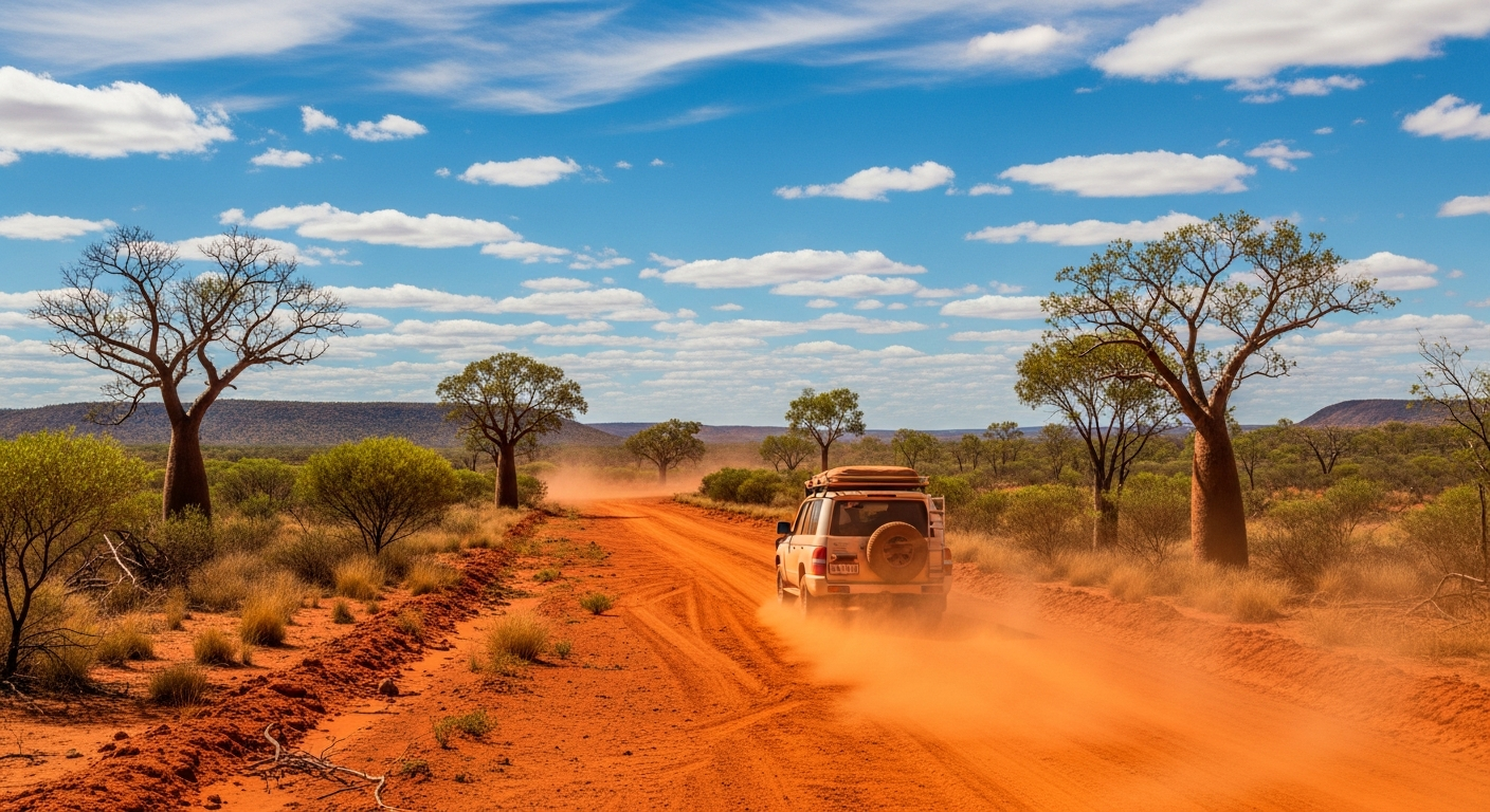 The iconic red dirt of the Gibb River Road stretching through the vast Kimberley landscape