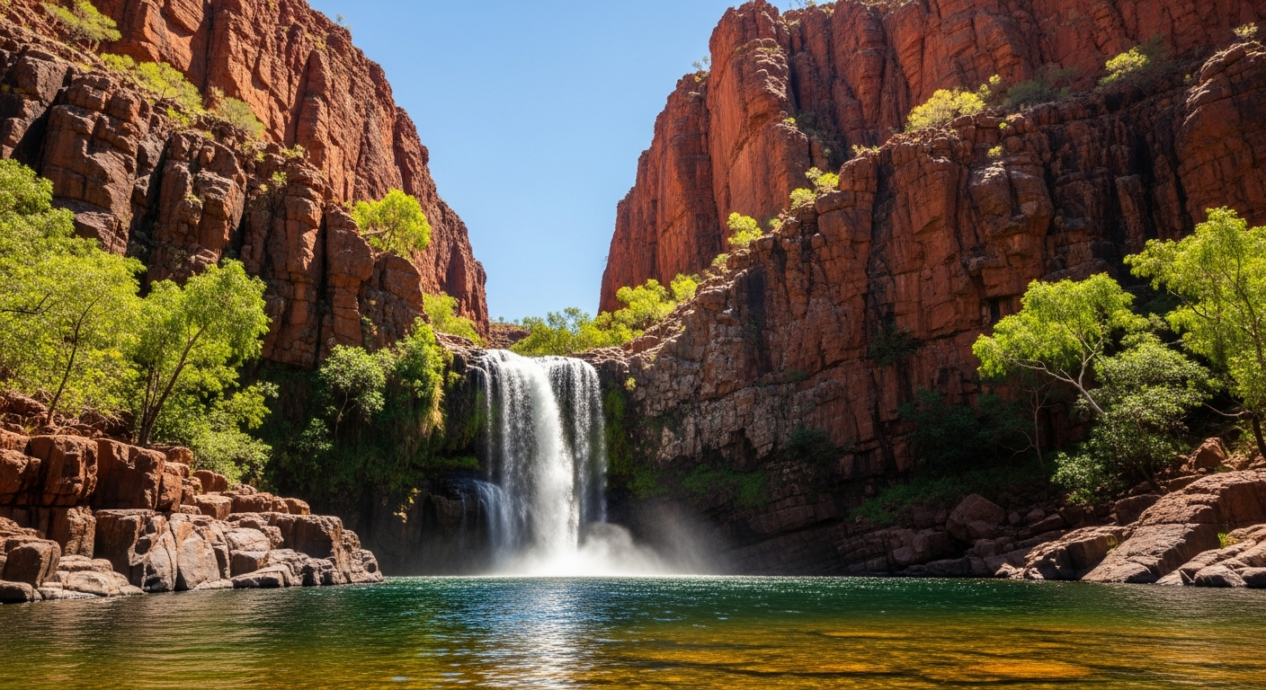 Crystal-clear water in a secluded Kimberley gorge surrounded by ancient red rock walls