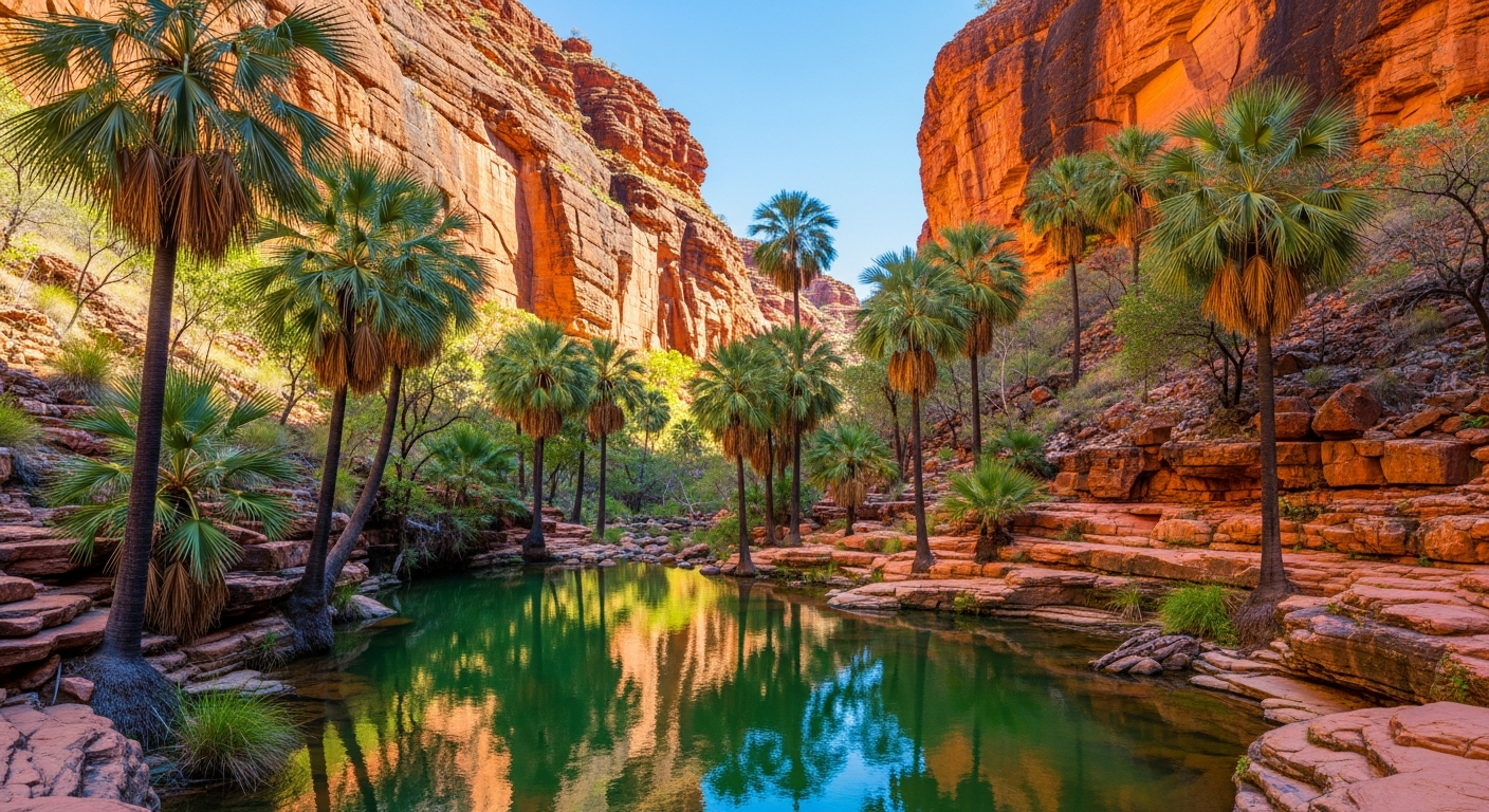 The lush Garden of Eden rockpool surrounded by ancient cycad palms deep in Kings Canyon