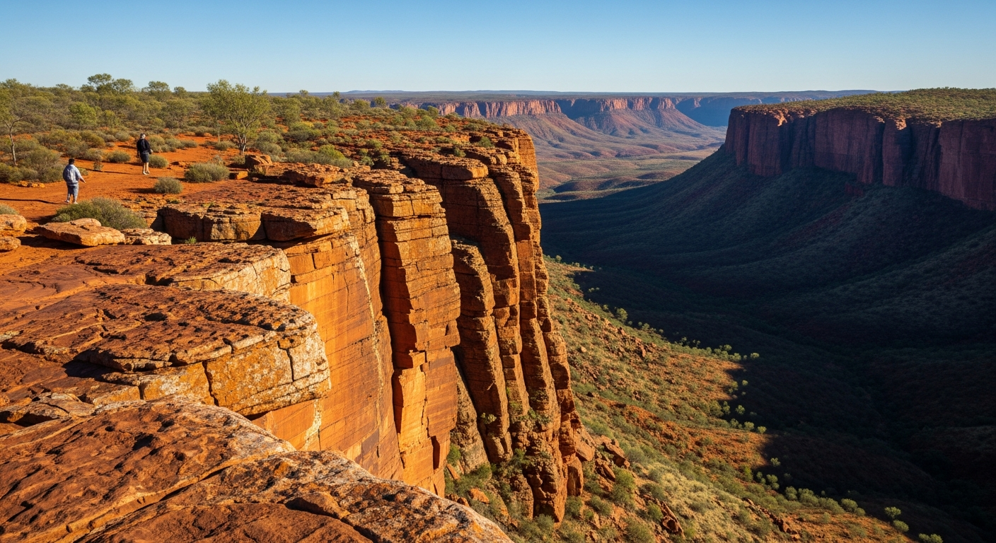 Hikers on the Kings Canyon Rim Walk with towering sandstone walls and vast desert views