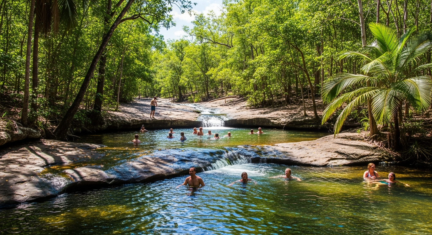 Visitors relaxing in the cascading rock pools and natural spa of Buley Rockhole