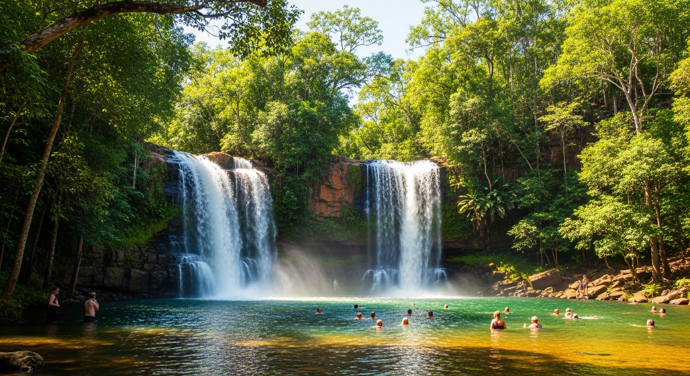 The twin cascades of Florence Falls dropping into a deep swimming hole surrounded by monsoon rainforest