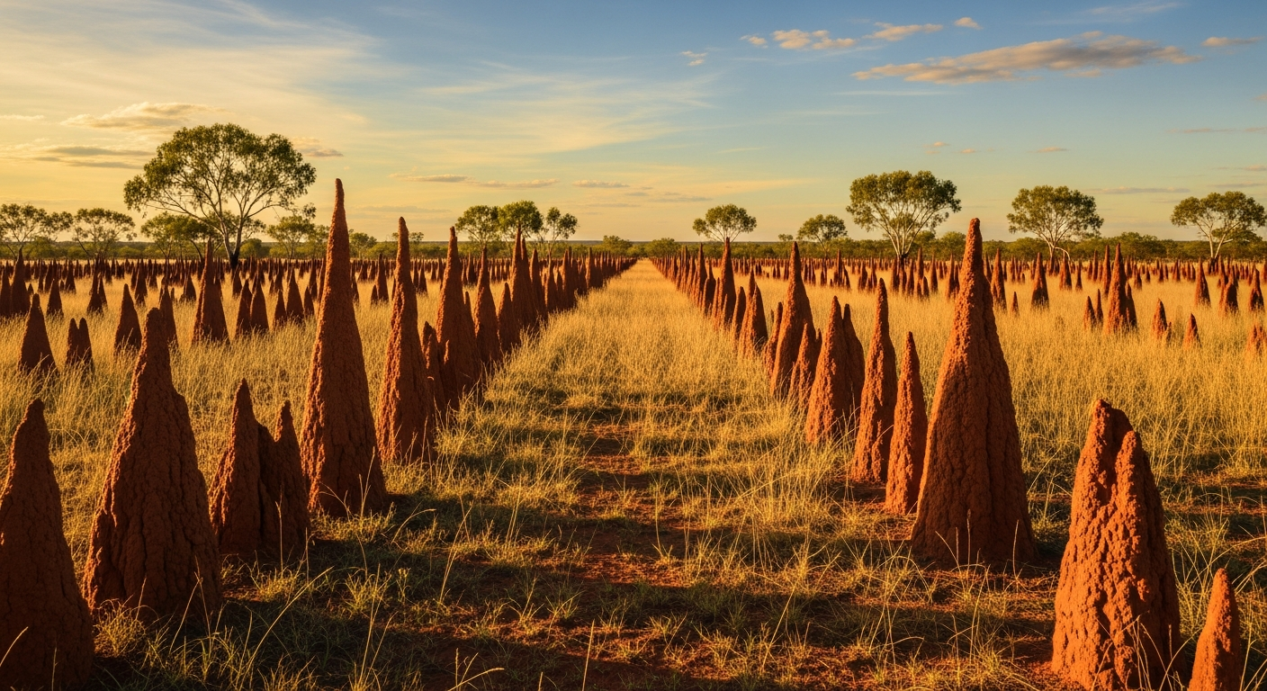 Rows of tall, thin magnetic termite mounds aligned north-south in the grasslands of Litchfield