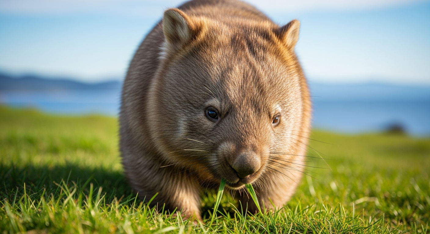 Friendly wombats grazing on Maria Island's open grasslands