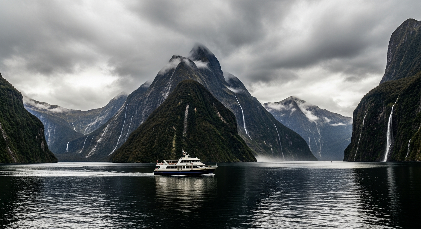 Cruise beneath Mitre Peak with waterfalls cascading into the dark fiord water