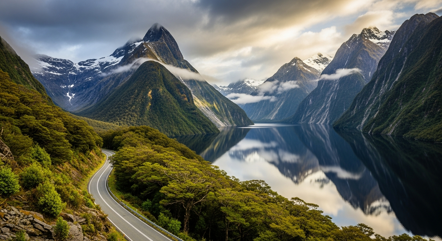 Dramatic Milford Road scenic drive through mountain passes with mirror lakes