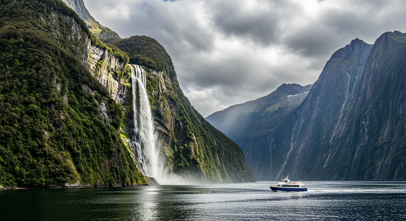 Cascading waterfall from cliff into the fiord surrounded by lush rainforest