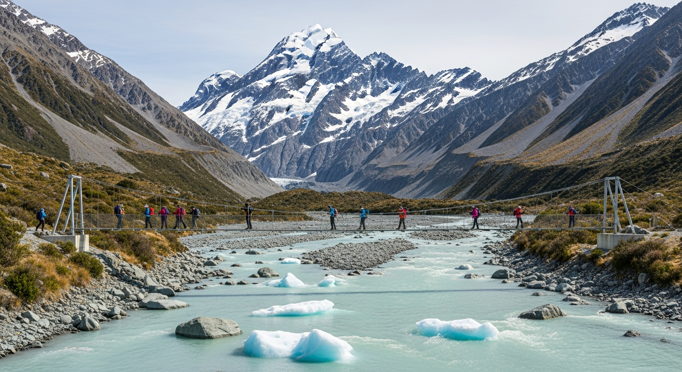 Hikers on the Hooker Valley Track with swing bridge, glacial lake, and Aoraki summit