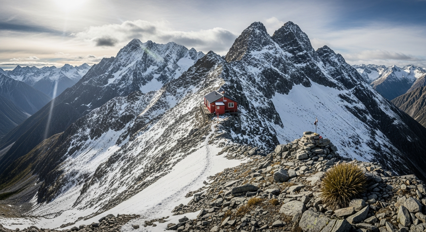 Mueller Hut on a ridgeline with dramatic mountain panorama and Southern Alps