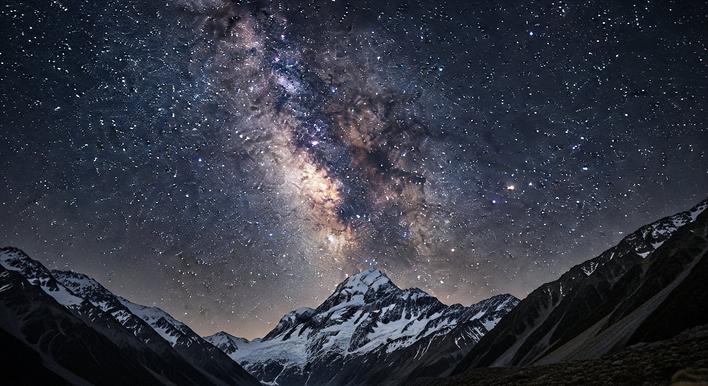 Milky Way galaxy above snow-capped Aoraki/Mount Cook peak at night