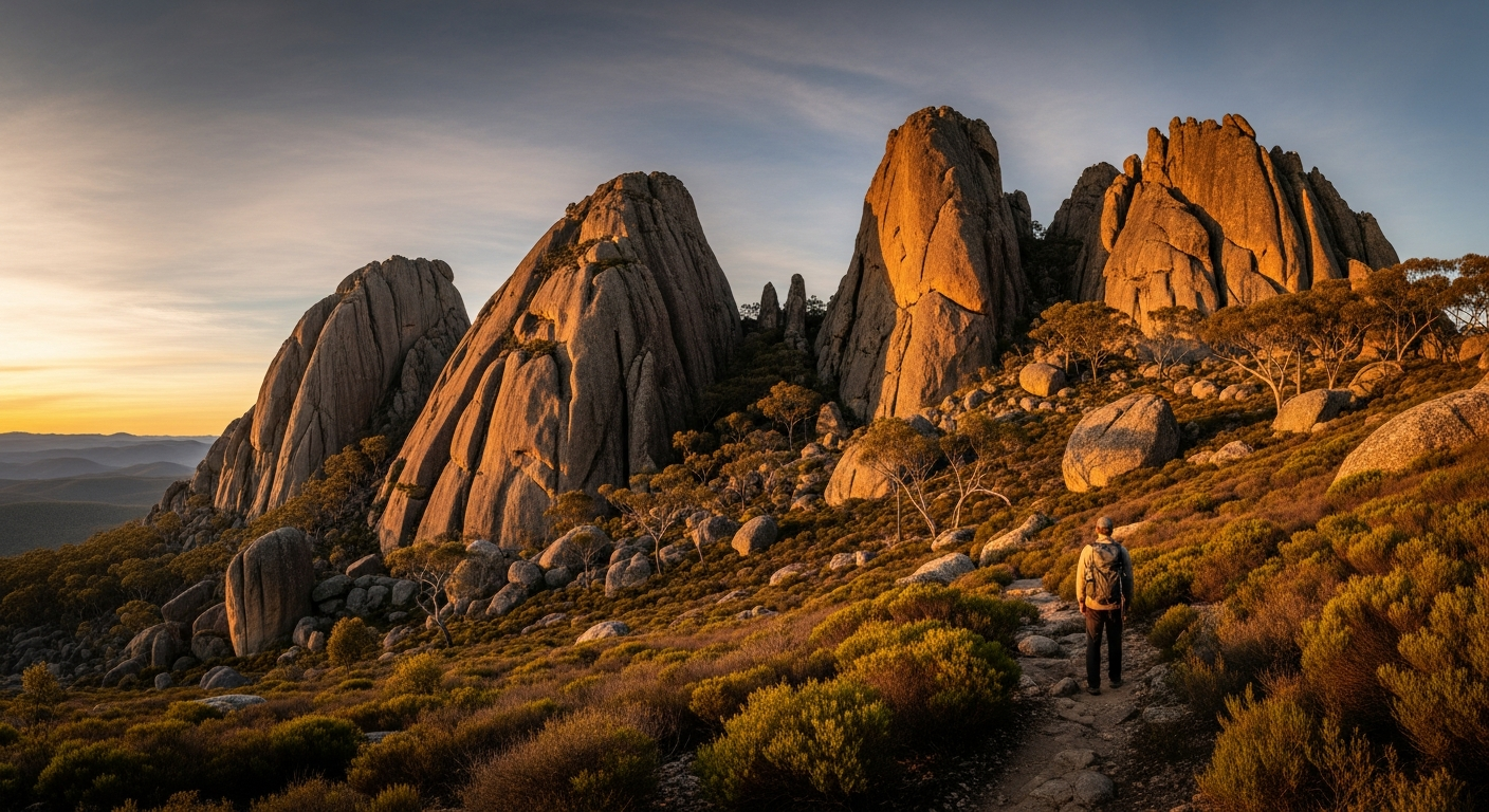 The dramatic granite formations of Booroomba Rocks rising above the bush