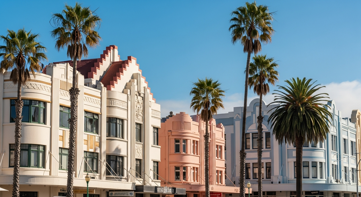 Napier Art Deco buildings with beautiful pastel facades and geometric patterns