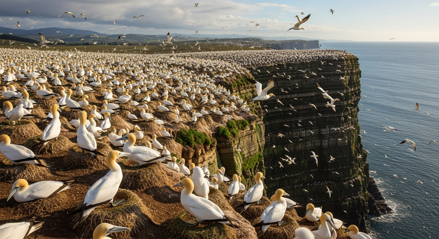 Thousands of gannets nesting on dramatic clifftop headland at Cape Kidnappers