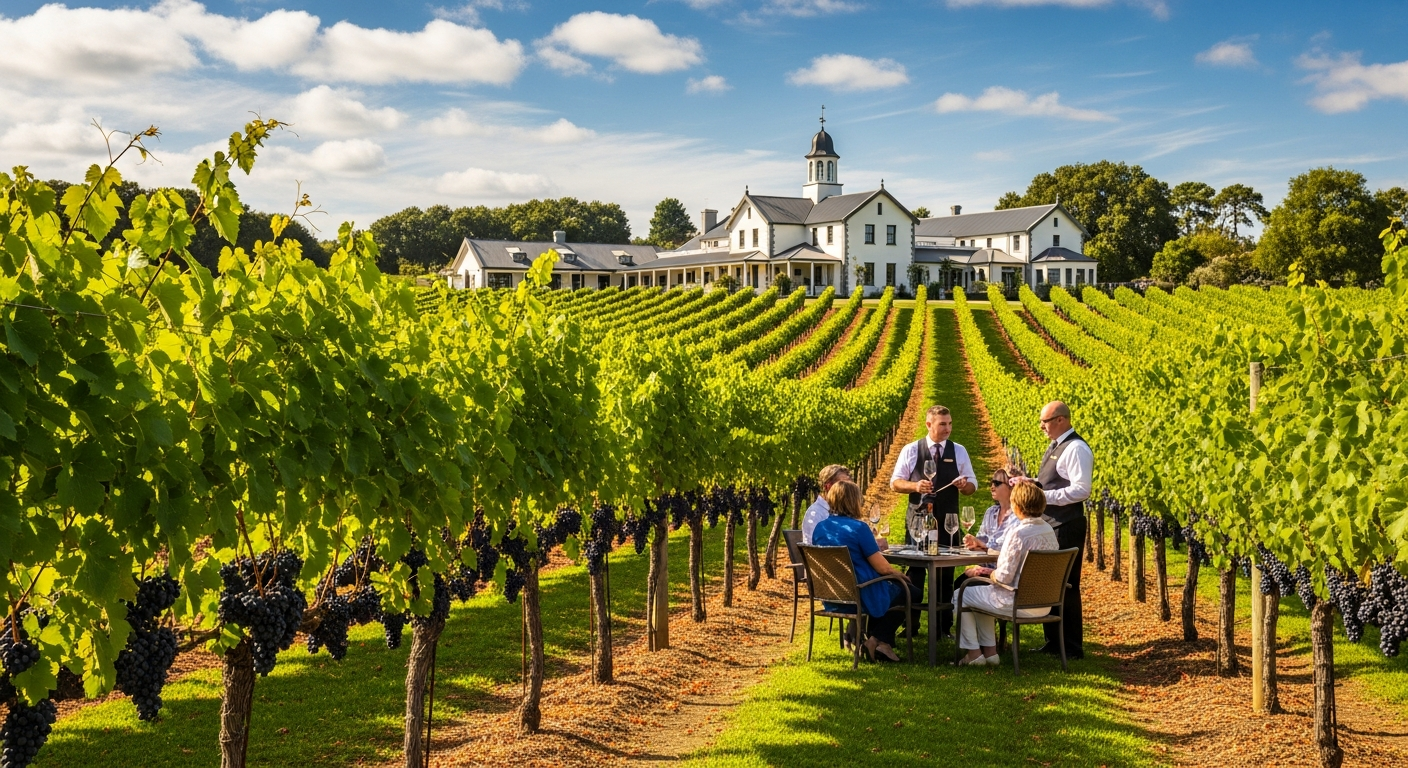 Hawke's Bay vineyard with rows of vines and winery building in sunny wine country