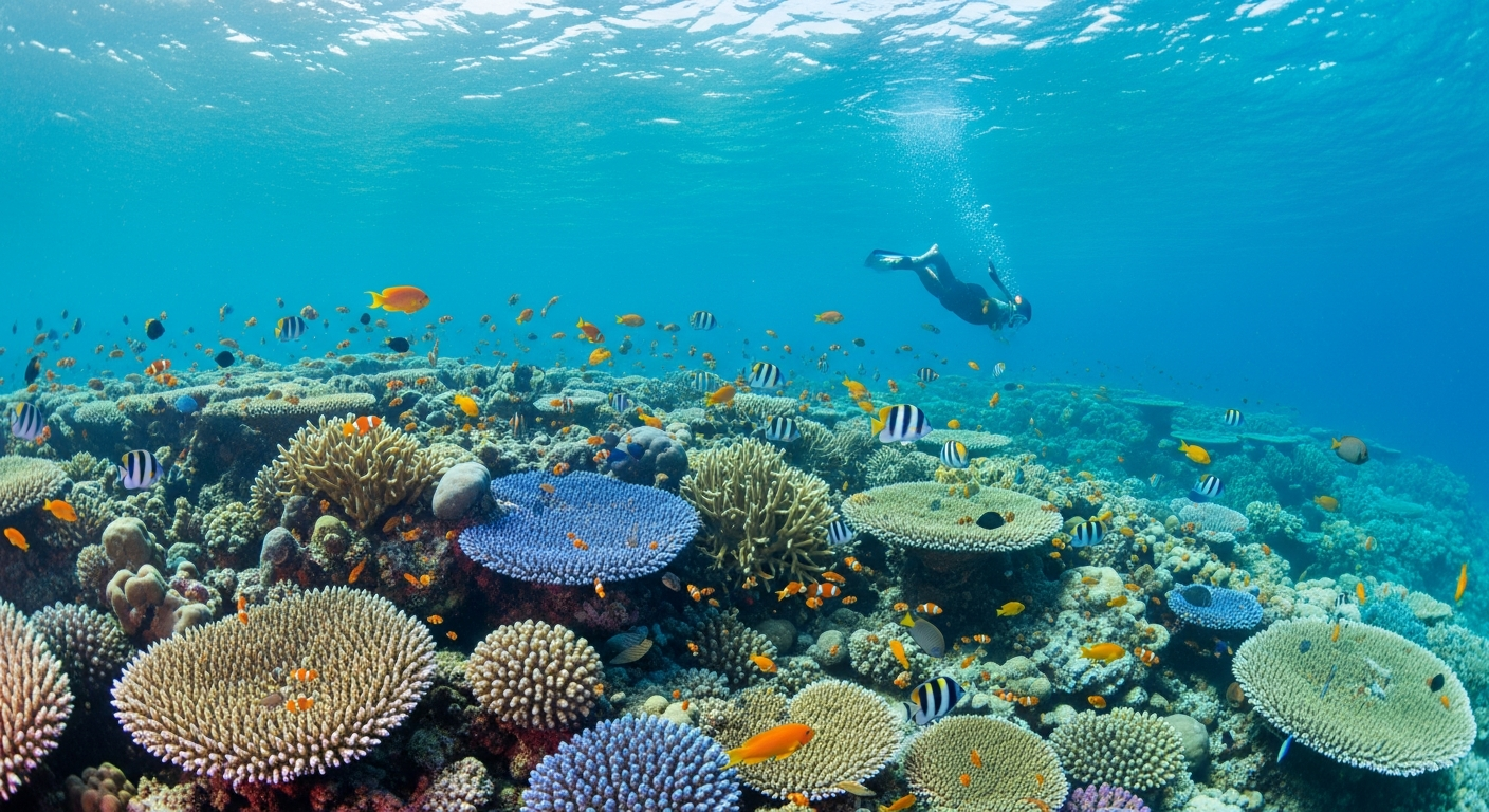 Vibrant coral gardens teeming with tropical fish just metres from the Ningaloo shoreline