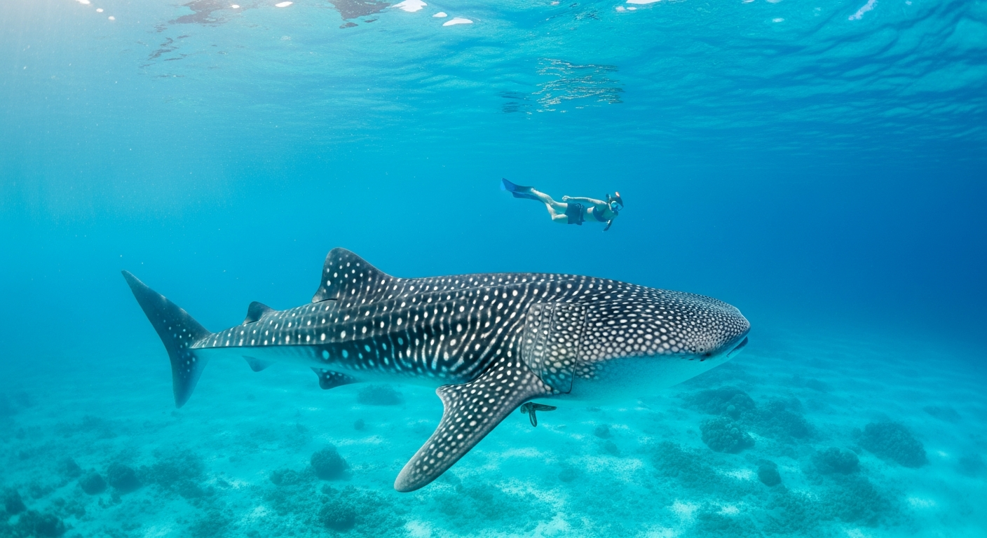 A snorkeller swimming alongside a massive whale shark in the crystal waters of Ningaloo