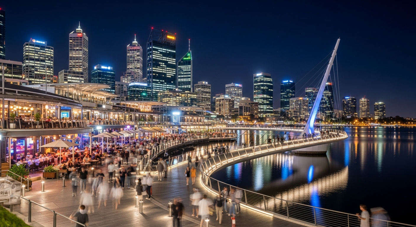The modern architecture and waterfront dining precinct of Elizabeth Quay at dusk