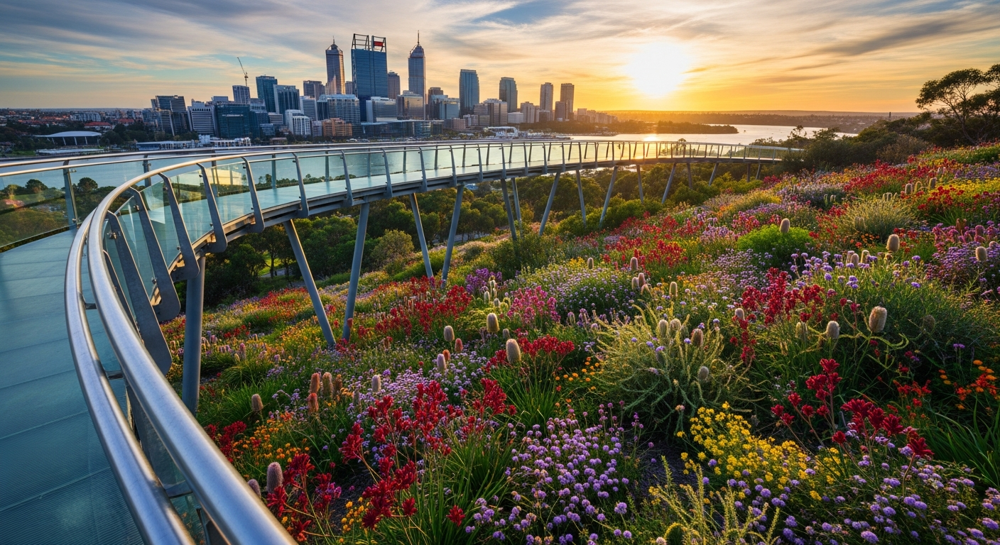 The sweeping views from Kings Park over the Perth skyline and Swan River