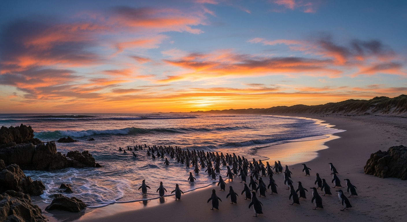 Little penguins making their way up the beach at dusk