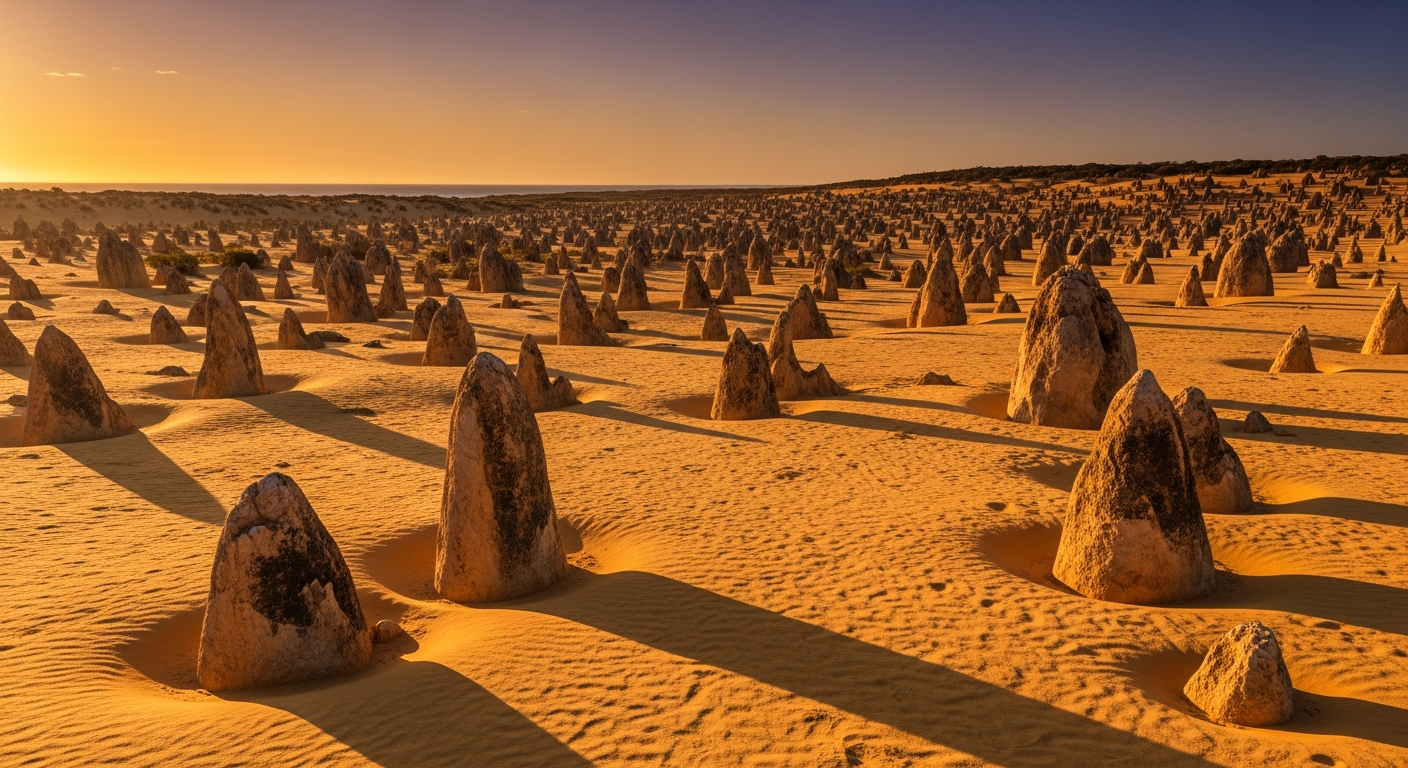 Thousands of limestone pillars rising from golden sand in the eerie Pinnacles Desert