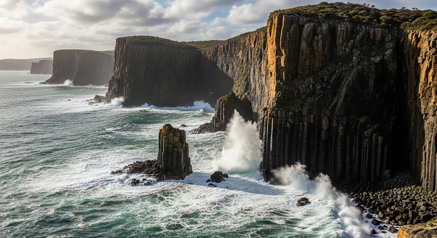 The dramatic sea cliffs and coastline of the Tasman Peninsula