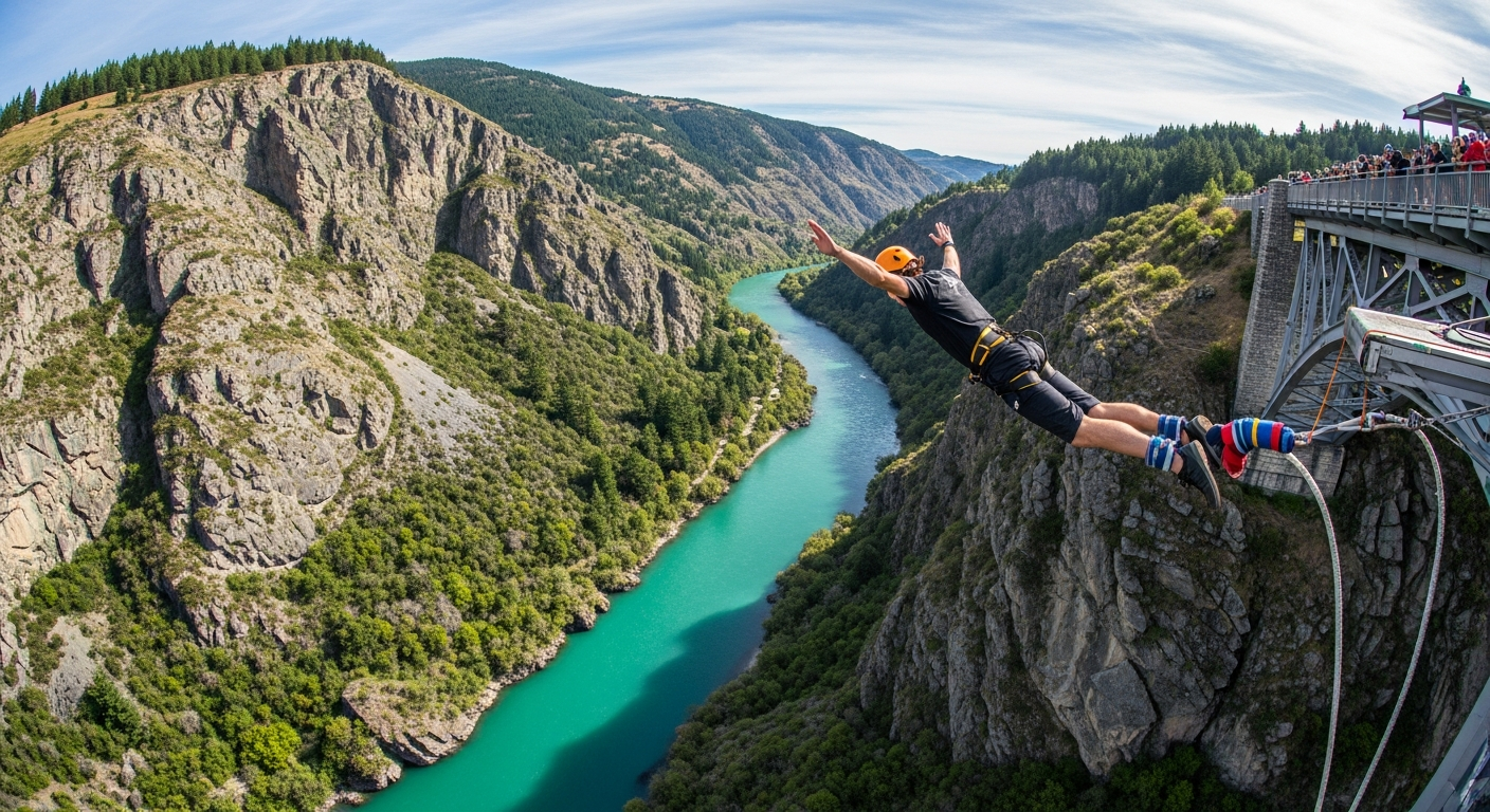Bungy jumping from the Kawarau Bridge with river gorge below
