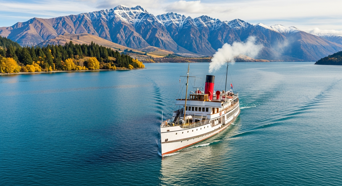 TSS Earnslaw steamship on Lake Wakatipu with Remarkables mountains behind