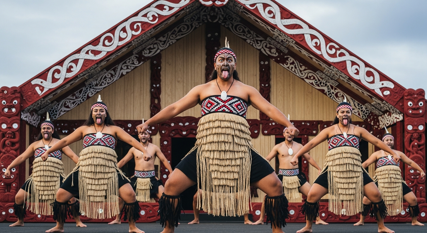 Traditional Māori cultural performance with haka dance and elaborate carvings