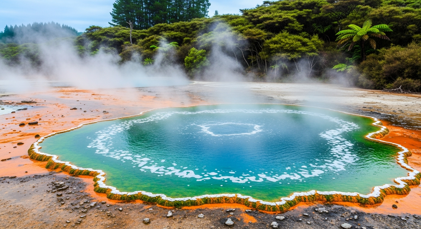 Wai-O-Tapu Champagne Pool with vivid green and orange thermal colours