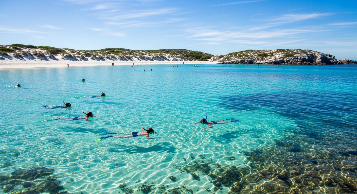 The crystal-clear turquoise water of The Basin, one of Rottnest's most popular swimming spots