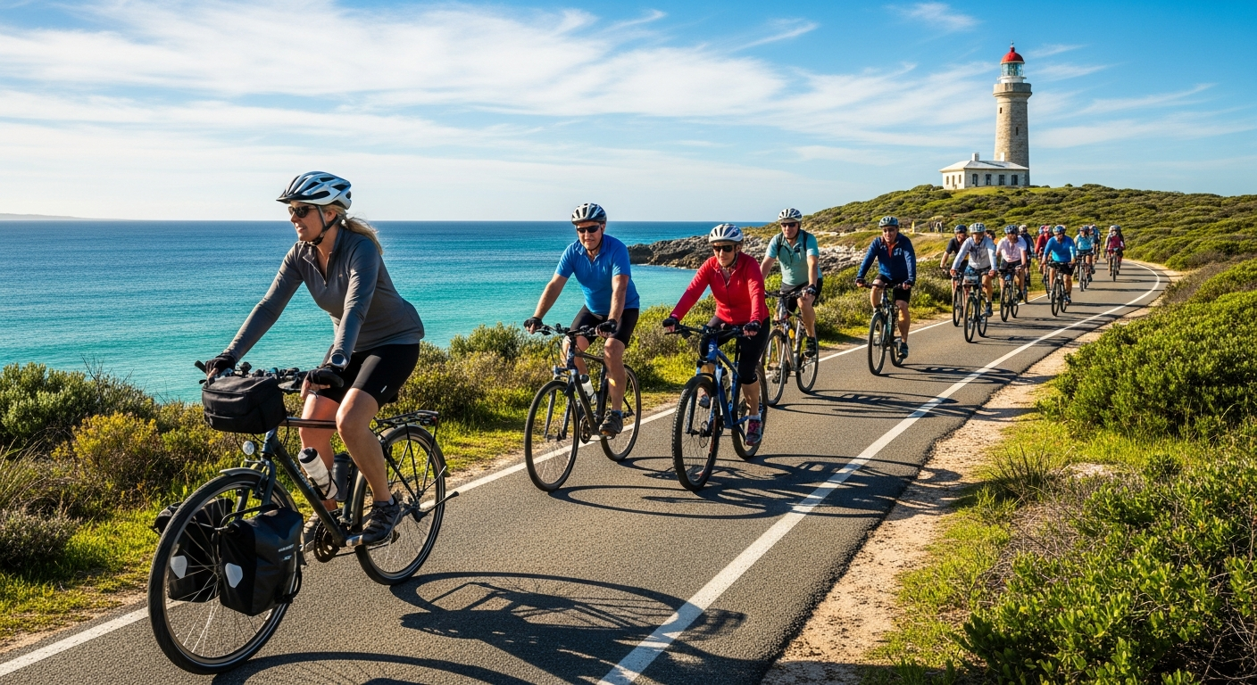 Cyclists riding along a scenic coastal trail past turquoise bays on Rottnest Island