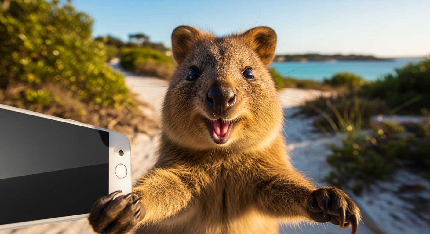 A smiling quokka posing for a selfie on Rottnest Island