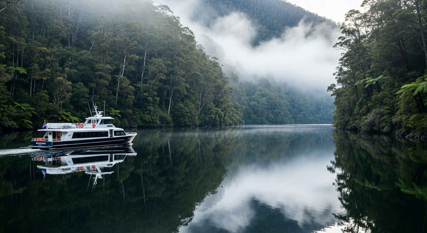 Mirror-still waters of the Gordon River through ancient rainforest