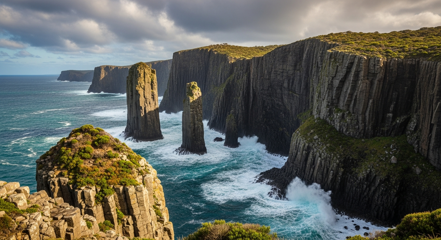 Towering dolerite sea cliffs along the Tasman Peninsula coast