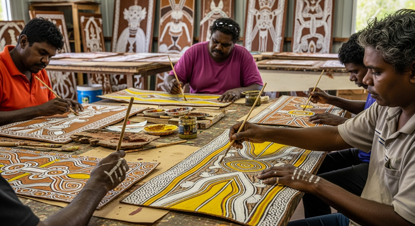Tiwi artists at work creating distinctive bold and colourful paintings and carved ironwood poles