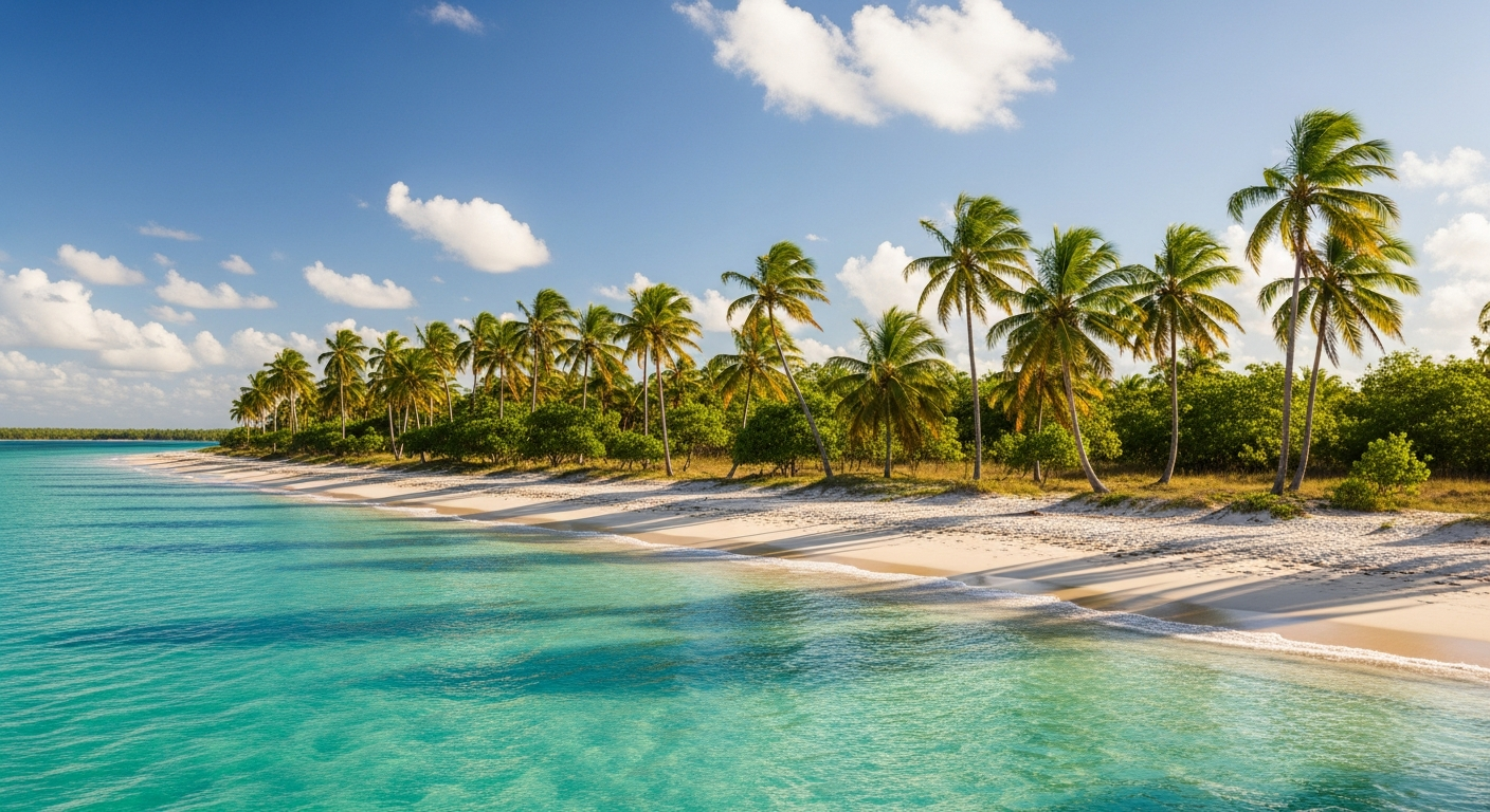 A pristine white sand beach on the Tiwi Islands with turquoise tropical water and palm trees