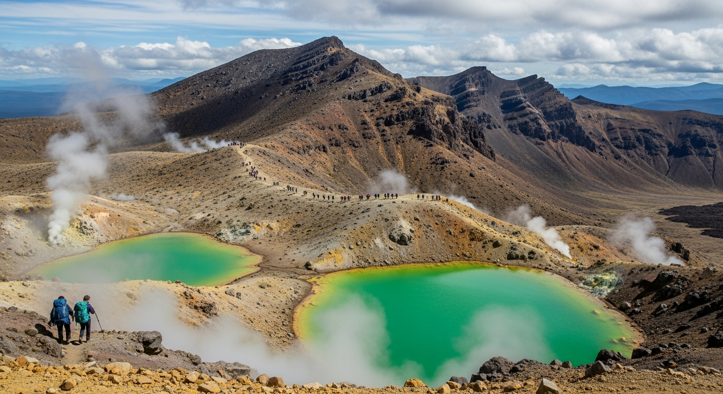 Tongariro Alpine Crossing emerald lakes in vivid green volcanic craters