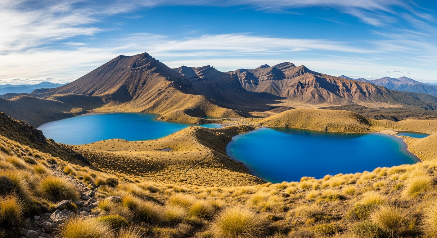 Tama Lakes with blue volcanic lakes surrounded by tussock and mountain scenery