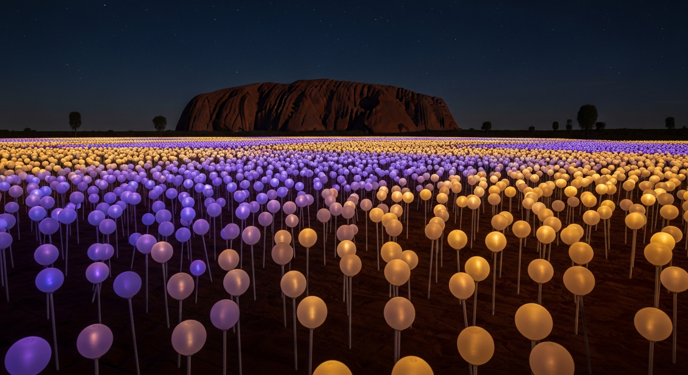 The ethereal Field of Light art installation glowing at dusk with Uluru silhouetted in the background