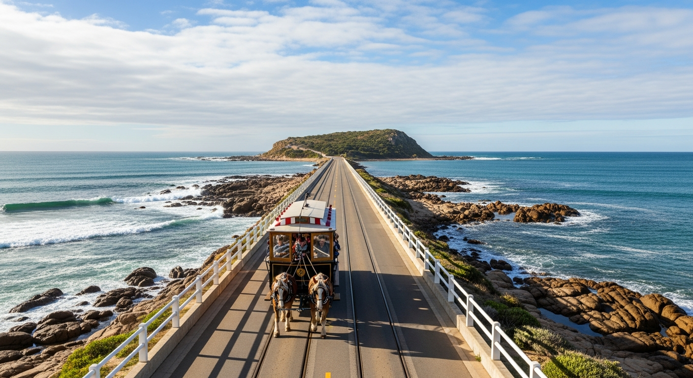 The iconic horse-drawn tram crossing the causeway to Granite Island