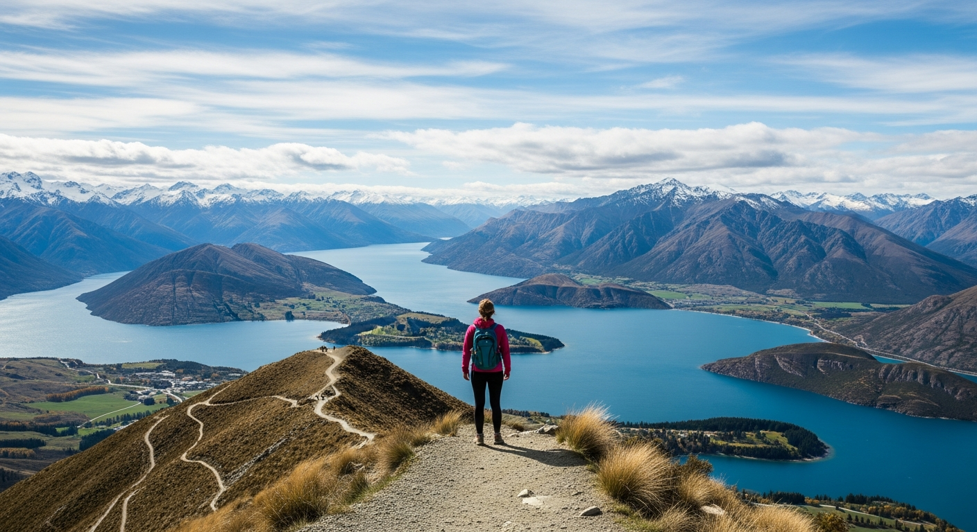 Roy's Peak summit panoramic view over Lake Wanaka and mountains