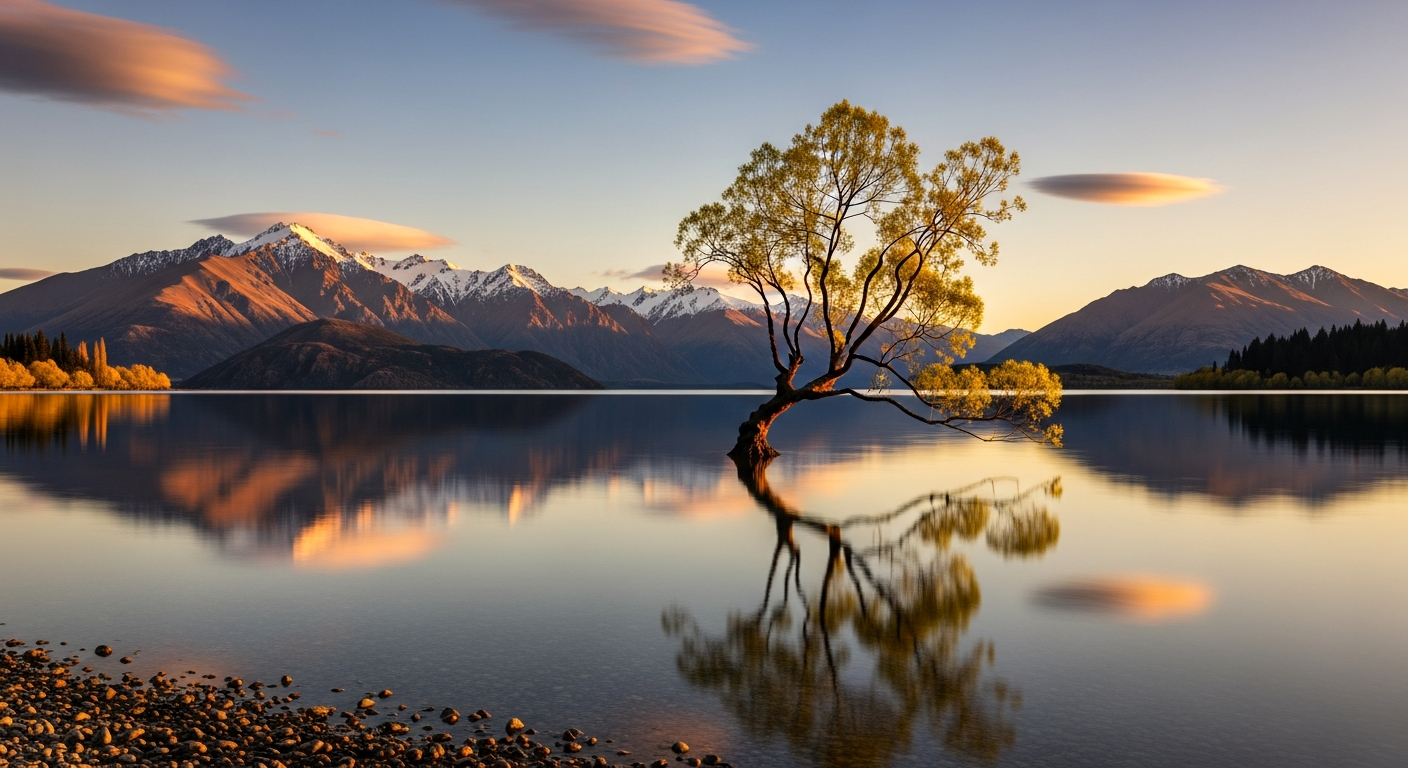 That Wanaka Tree lone willow in Lake Wanaka with mountain reflections