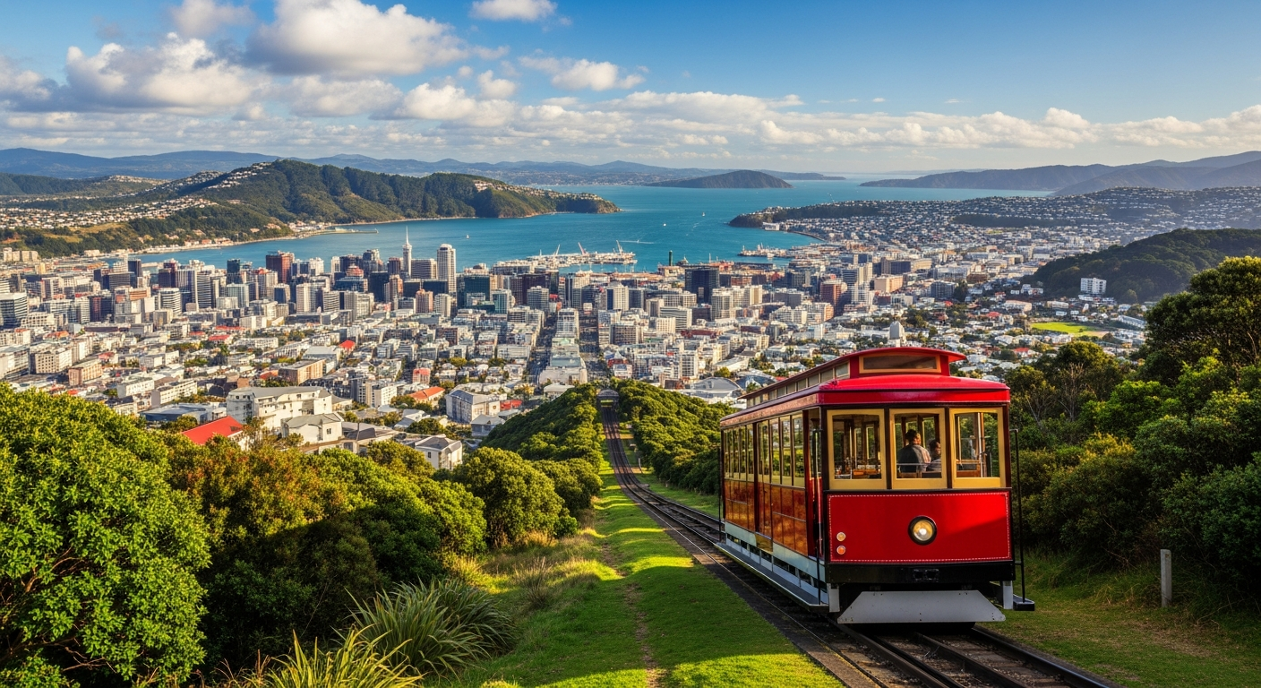 Wellington Cable Car ascending the hillside with harbour views