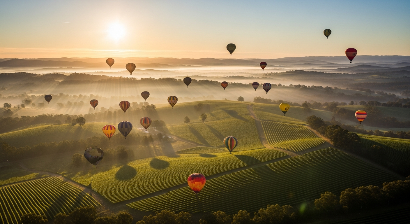 Hot air balloons floating over Yarra Valley vineyards at dawn